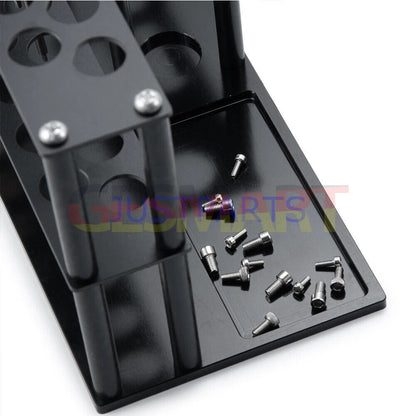 Multifunction metal screwdriver storage rack organizing various screwdrivers for easy access.