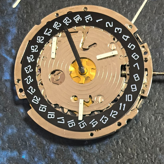 Swiss ISA 8171A quartz watch movement with 6 hands and black date disk at 4 o'clock, ideal for replacements.