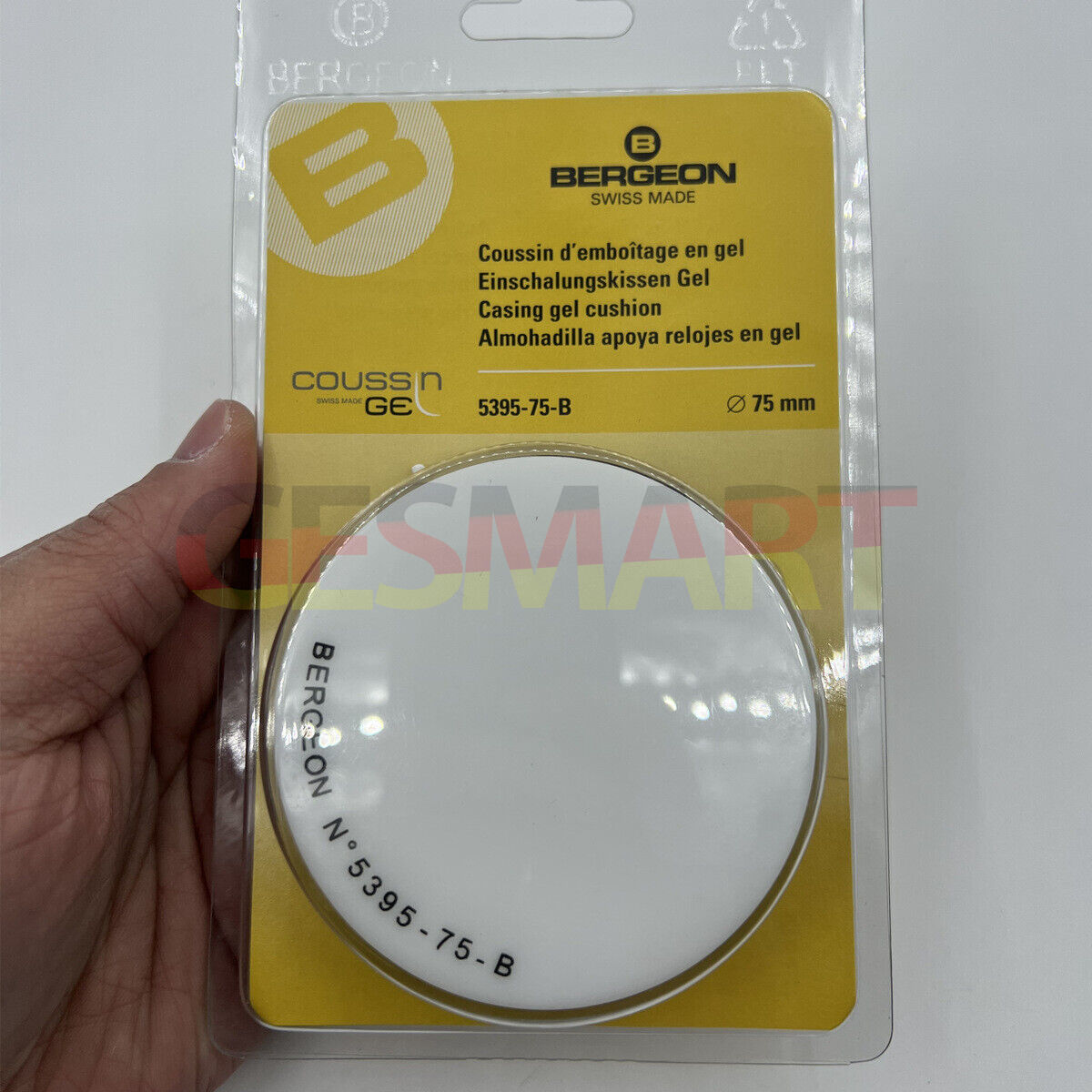 Bergeon 5395-75-B white gel cushion securing 75mm watch case for safe repairs