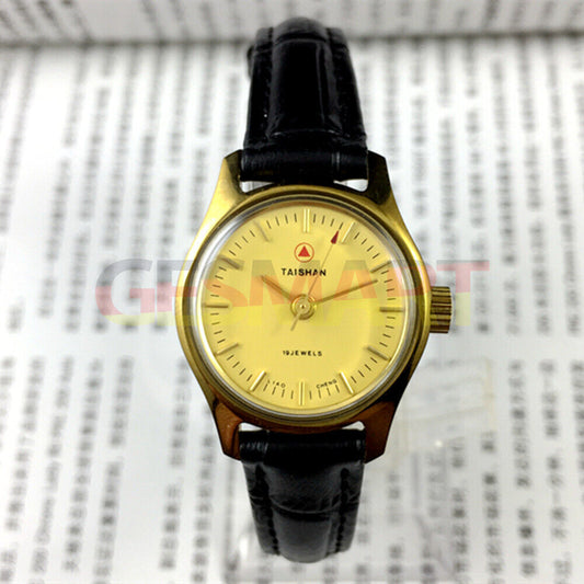 China Liaocheng TAISHAN manual mechanical lady watch with 19 jewels and golden nail accents, elegant and precise timepiece.