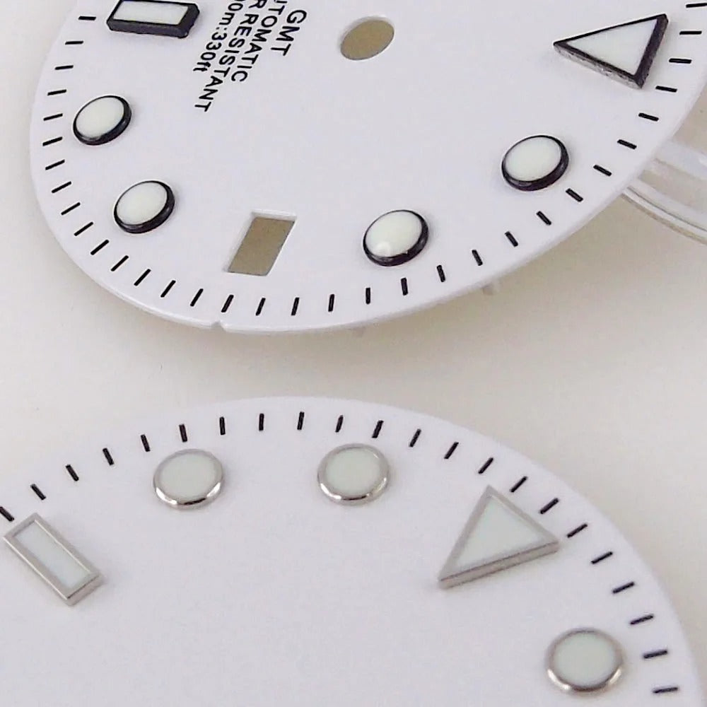Nologo Sterile 29mm white NH34A watch dial for diver GMT mod, black edge markers, orange hands.