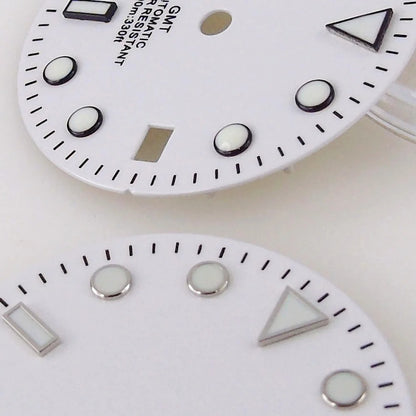 Nologo Sterile 29mm white NH34A watch dial for diver GMT mod, black edge markers, orange hands.