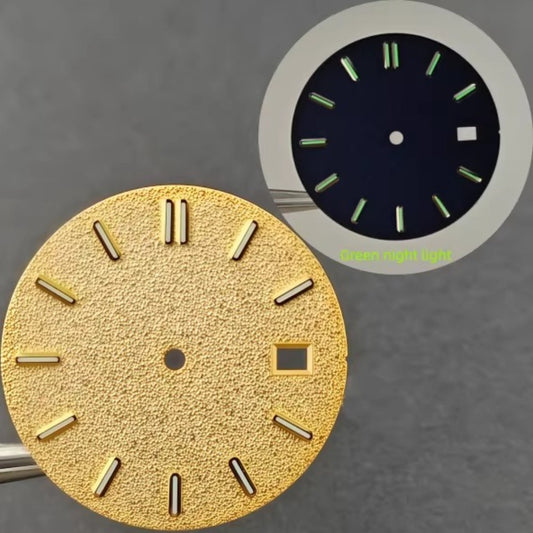 31mm golden matte watch dial with green lume, compatible with NH35 movement, perfect for custom watch builds.