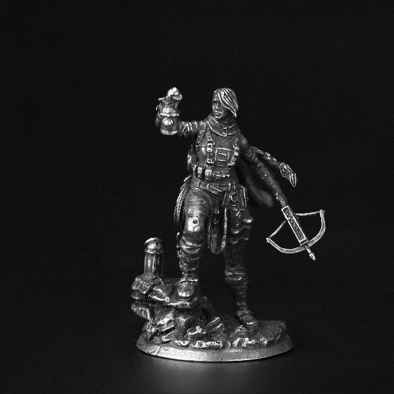 White Brass Figurine Female Rogue Miniature - Hand Crossbow and Bomb RPG Figure