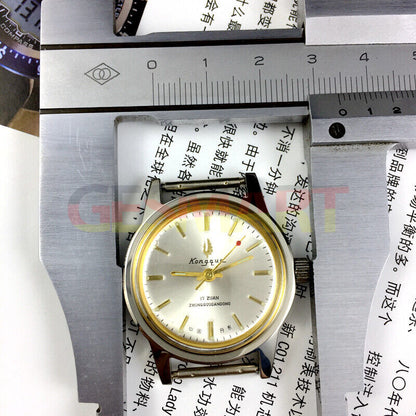 33mm Dandong manual watch with silver dial, golden markers, and 17-jewel precision movement by Dandong.
