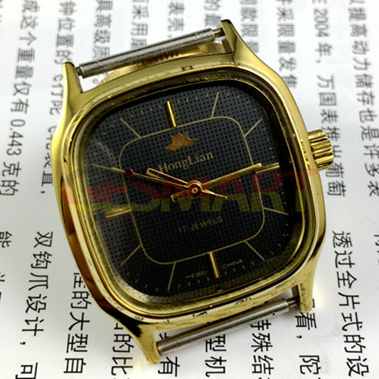 HONGLIAN 34mm manual mechanical watch with black dial, golden nail markers, and square golden case.