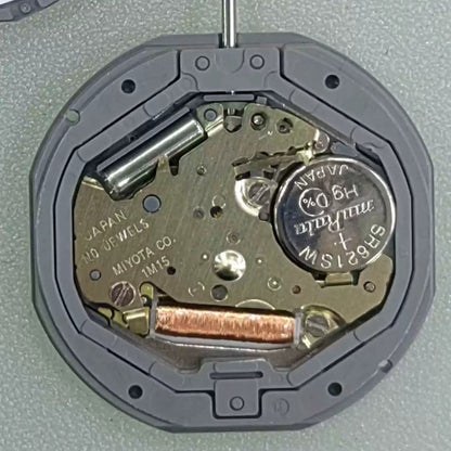 Japan-made Miyota 1M15 quartz watch movement with 2 hands and date window at 3 o'clock for precise timekeeping.