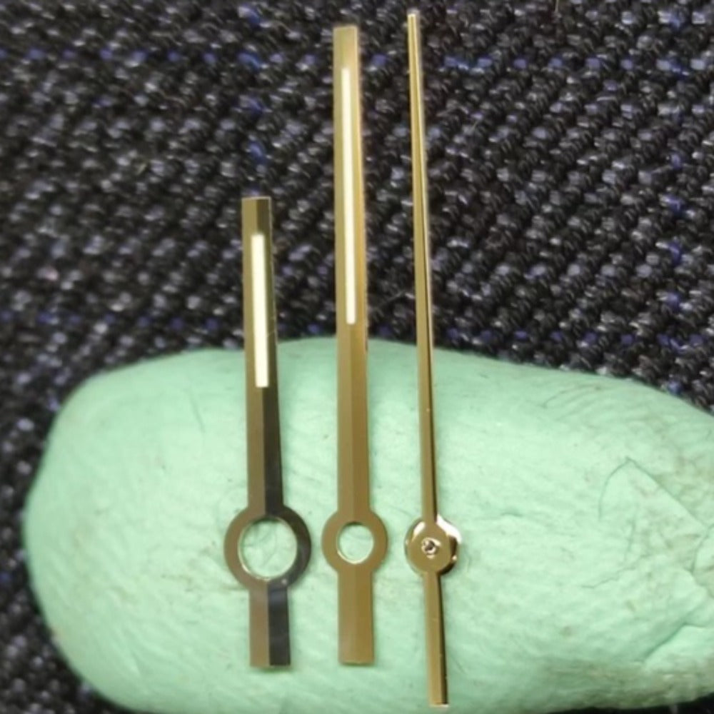 Golden watch hands with green lume for Miyota 8215/8200 8N24 2813 movement, Datejust 36 style.