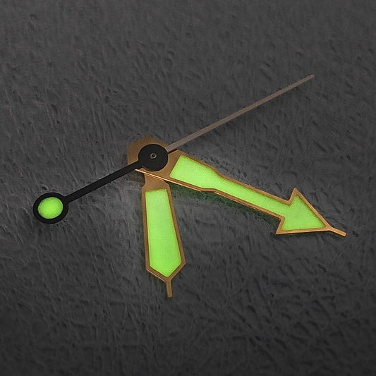 22mm Golden Trim C3 Super Green Lume watch hands for SKX007, featuring luminous tips for nighttime visibility.