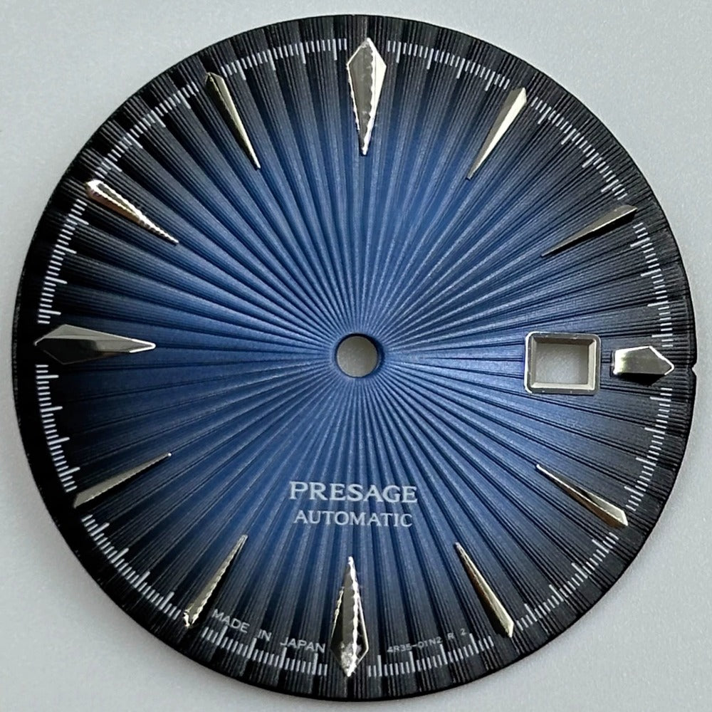 35mm Silver Nail watch dial with blue cocktail design, modified for NH35 movement, no lume.