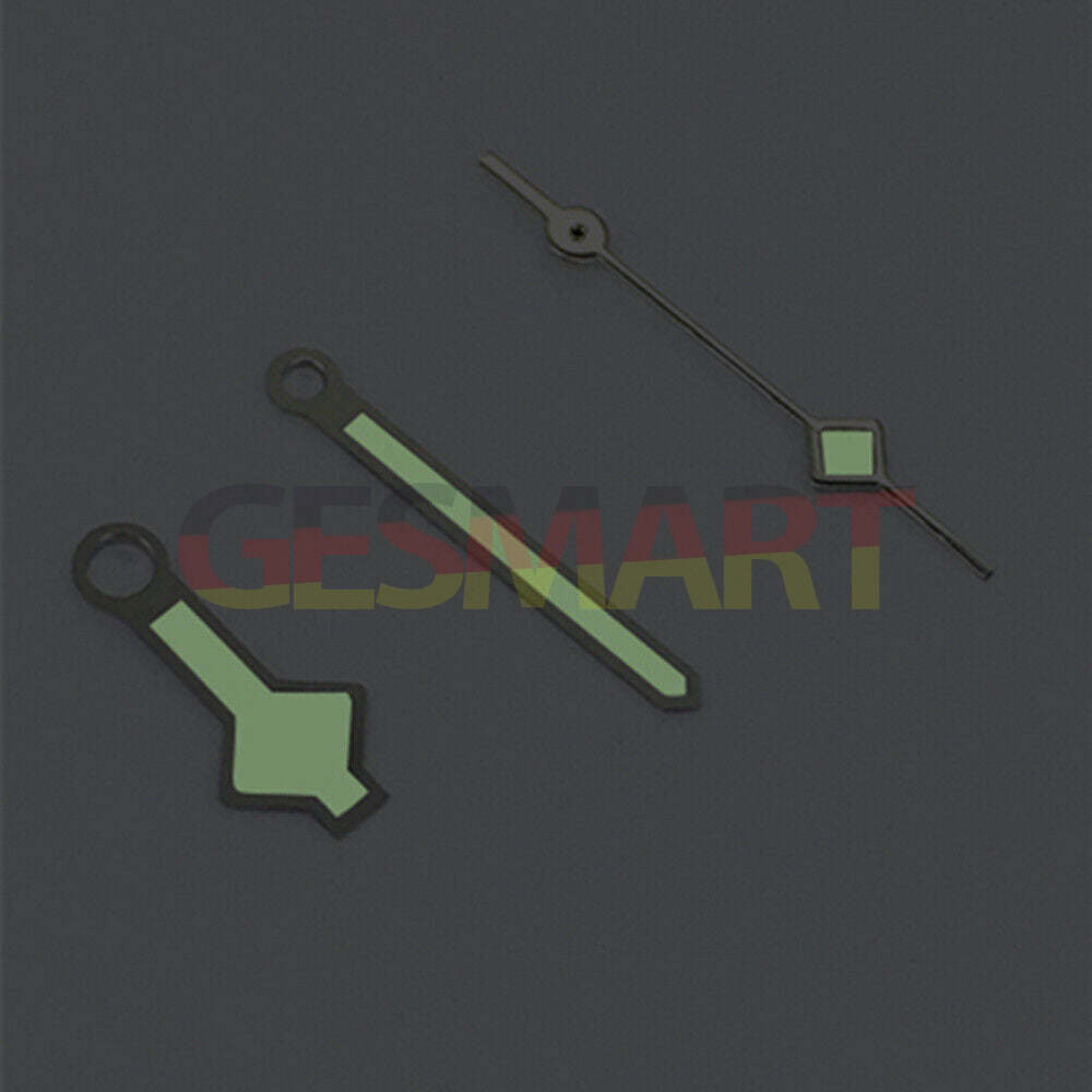 Green luminous watch hands with silver trim for Asian 8215/2813/8205 movement, enhancing readability and style.
