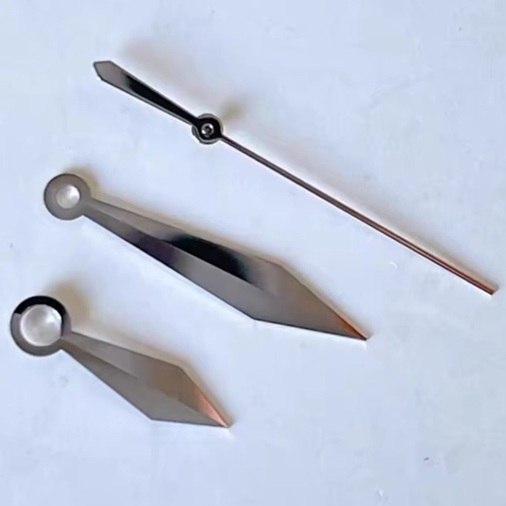 Silver 3 hands set, fits NH35/36/4R/7S watch movements, sizes 8.5x12x13mm, precise replacement.