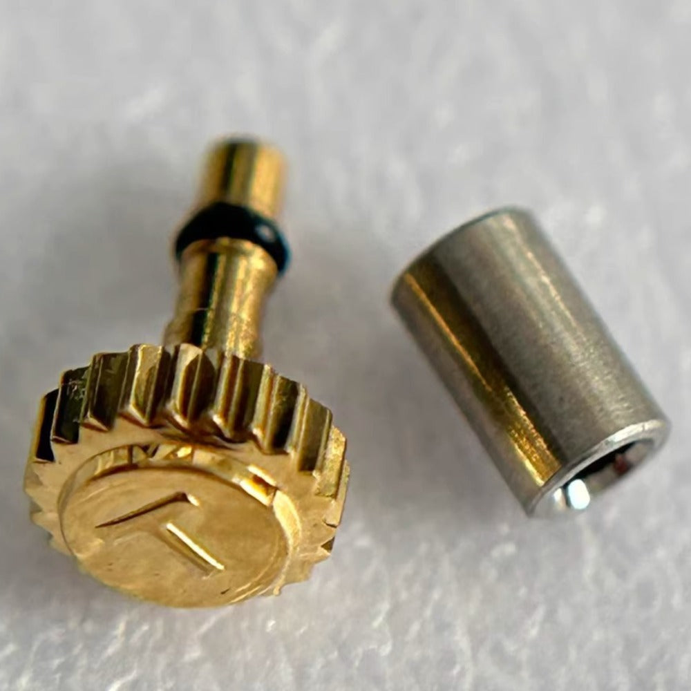 Steel golden watch crown for Tissot T71, durable replacement part for precise watch repair.