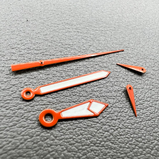 Orange-trimmed green lume watch hands set for Miyota OS60 movement, 2 sets per pack