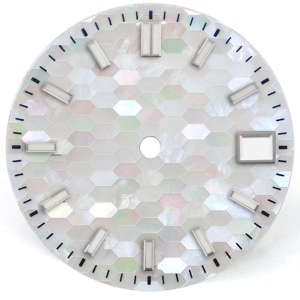 White square nail watch dial with natural seashell texture and blue lume, compatible with NH35 movements.