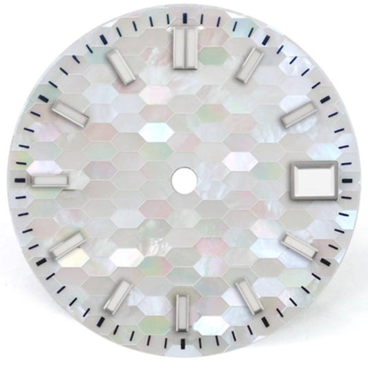 White square nail watch dial with natural seashell texture and blue lume, compatible with NH35 movements.