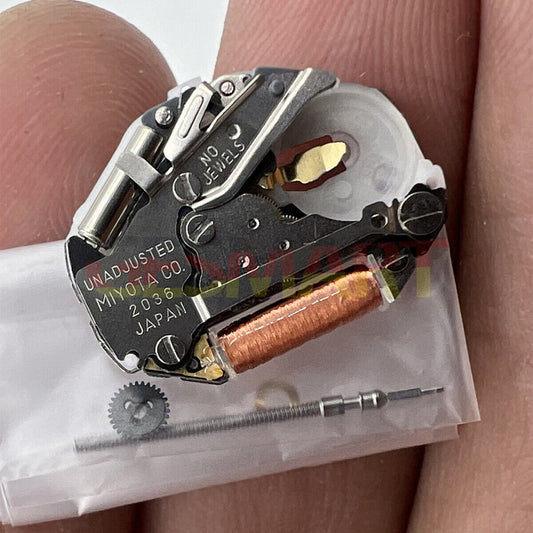 Quartz watch movement Miyota 2036 with 3 hands and high pinion, compatible with watch stem installation.