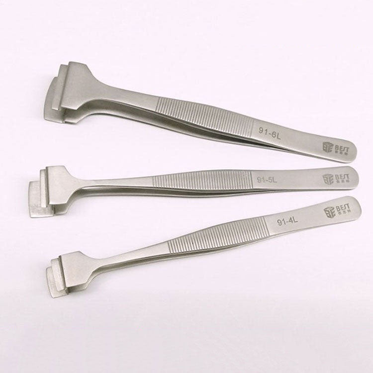 Stainless Steel Wide-Tip Tweezers, matte finish, HRC40+ hardness for precise semiconductor wafer repair.