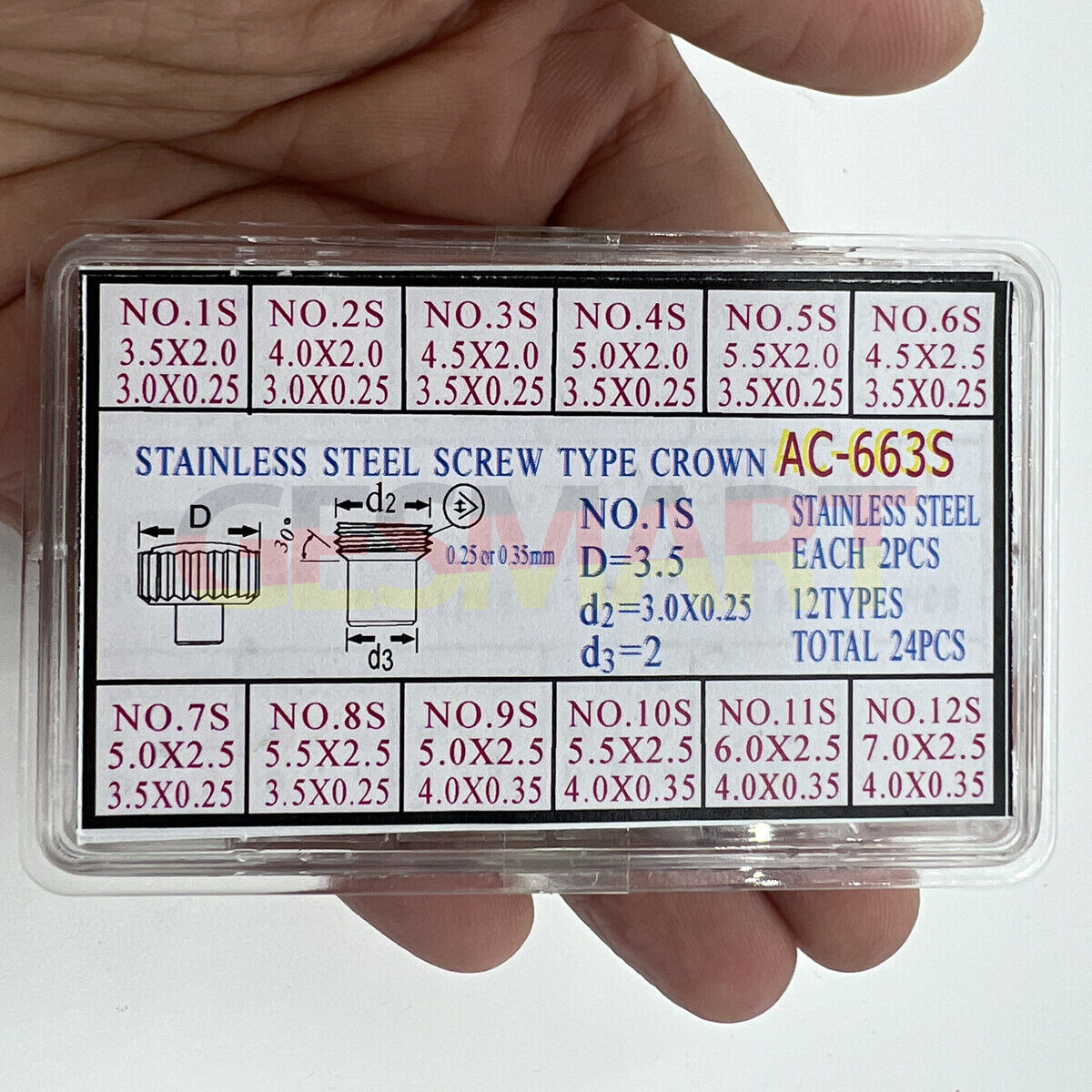 AC-663S stainless steel screw type crown set, 24pcs for watch repair and replacement, durable accessories.