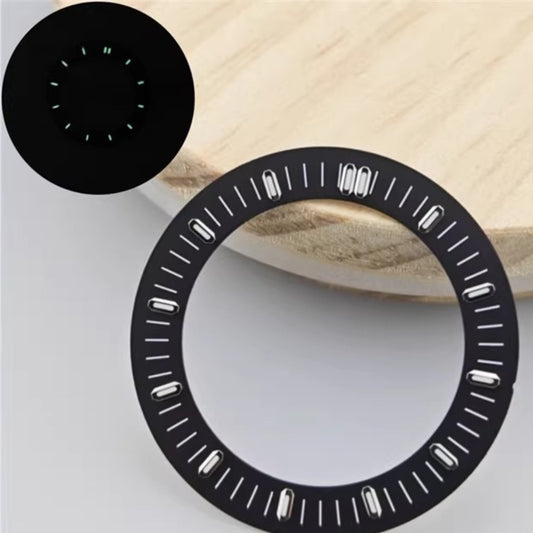 Black 31mm watch dial with green lume, hollow design, compatible with NH70/NH35/NH36 movements by APP Oak Tree.