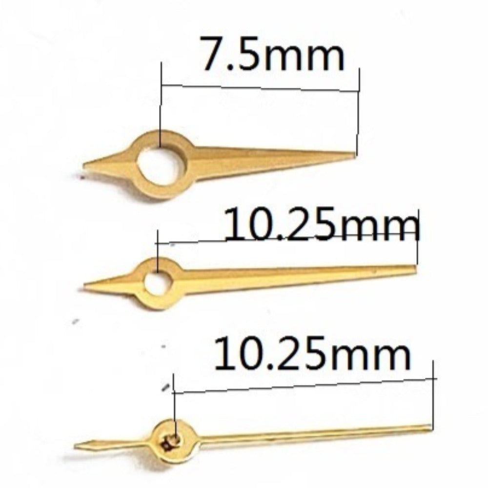 Golden arrow-shaped watch hands for Ronda 785 movement, precise fit for elegant timepieces.