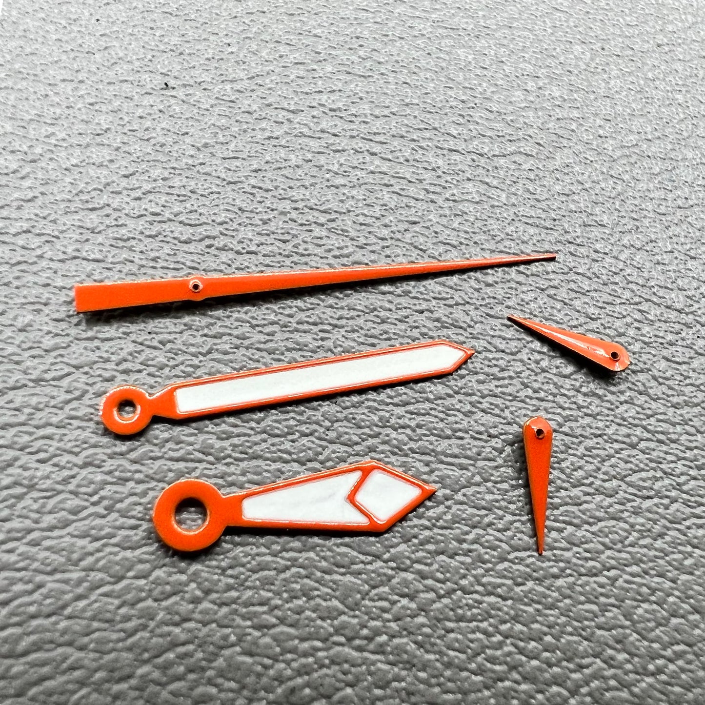 Orange-trimmed green lume watch hands set for Miyota OS60 movement, 2 sets per pack