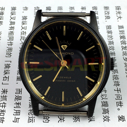 36mm Shanghai Diamond oval manual watch with 17 jewels, black dial, and black case for elegant style.