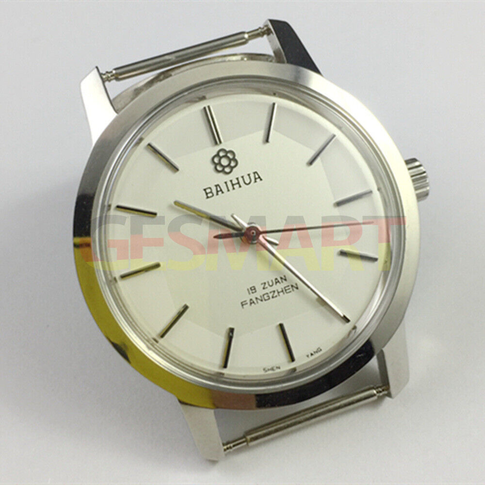 China Baihua 37mm silver manual mechanical watch with 19 jewels, shock-resistant design for durable timekeeping.