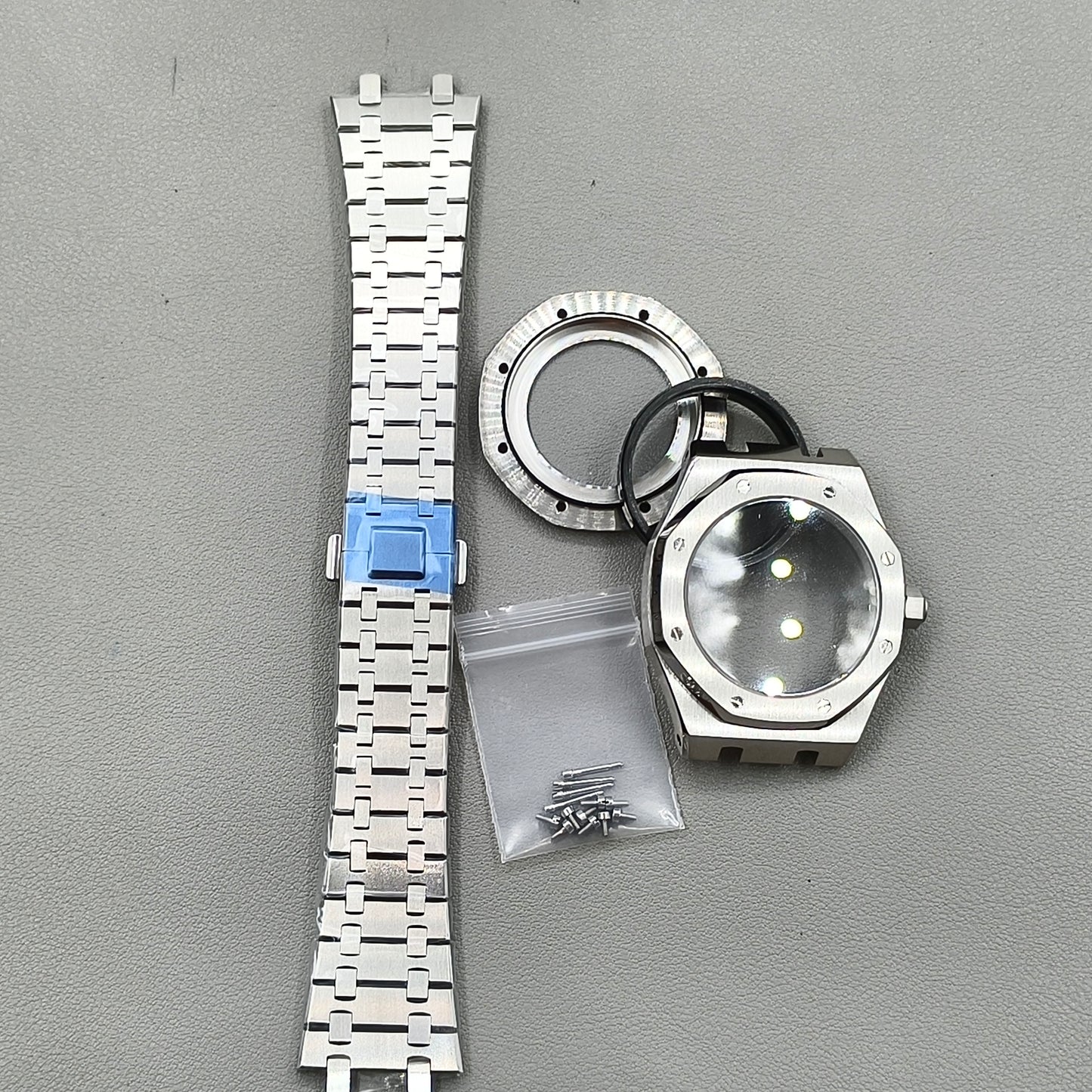 41mm Silver Watch Case Band Set Sapphire Glass Transparent Bottom for NH35 NH36