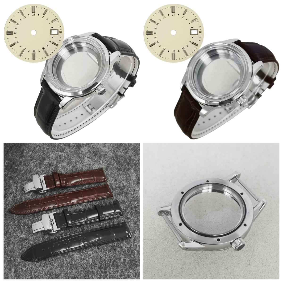 39mm Steel Watch Case Strap Dial for NH35 NH36 4R 7S PU Leather Strap 31mm Dial