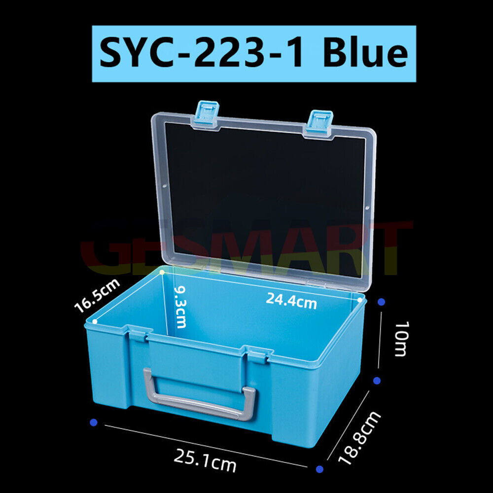Blue rectangular toolbox with hinged lid, 10x25x18.8cm storage container for tools and accessories.