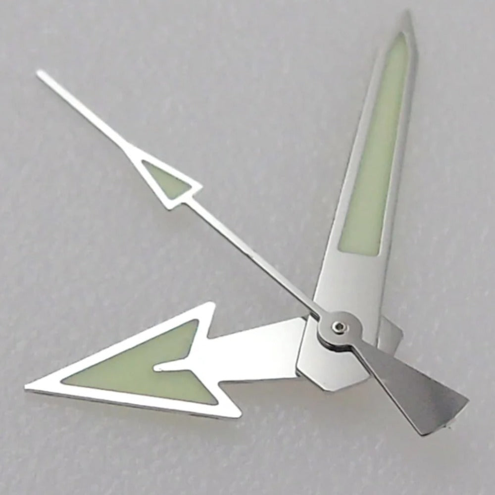 Silver-trimmed Monster C3 Super Green luminous watch hands, compatible with NH35 NH36 NH38 NH70 NH72 movements.