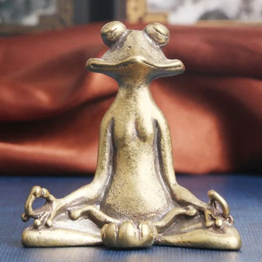 Vintage hand-carved solid copper meditation frog figurine, bronze finish, unique collectible trinket.