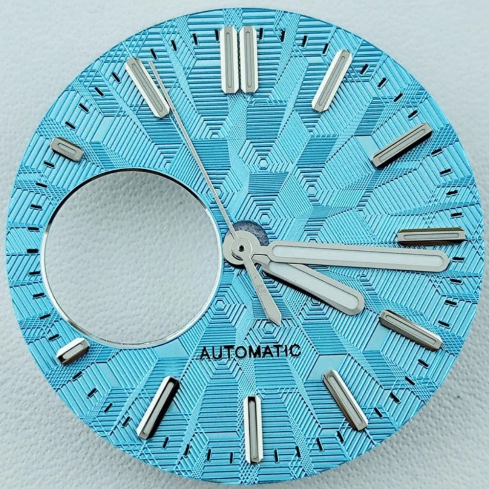 Green Lume Sea Blue Vein Hollow Watch Dial with Silver Trim Hands Fit for NH38
