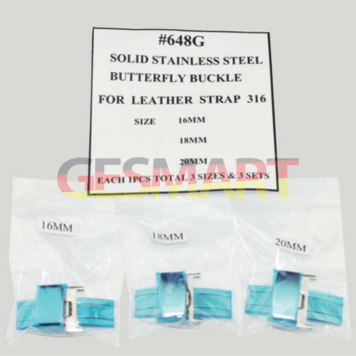 Set of 3 stainless steel butterfly buckles for 16-20mm leather watch straps, durable watch parts.