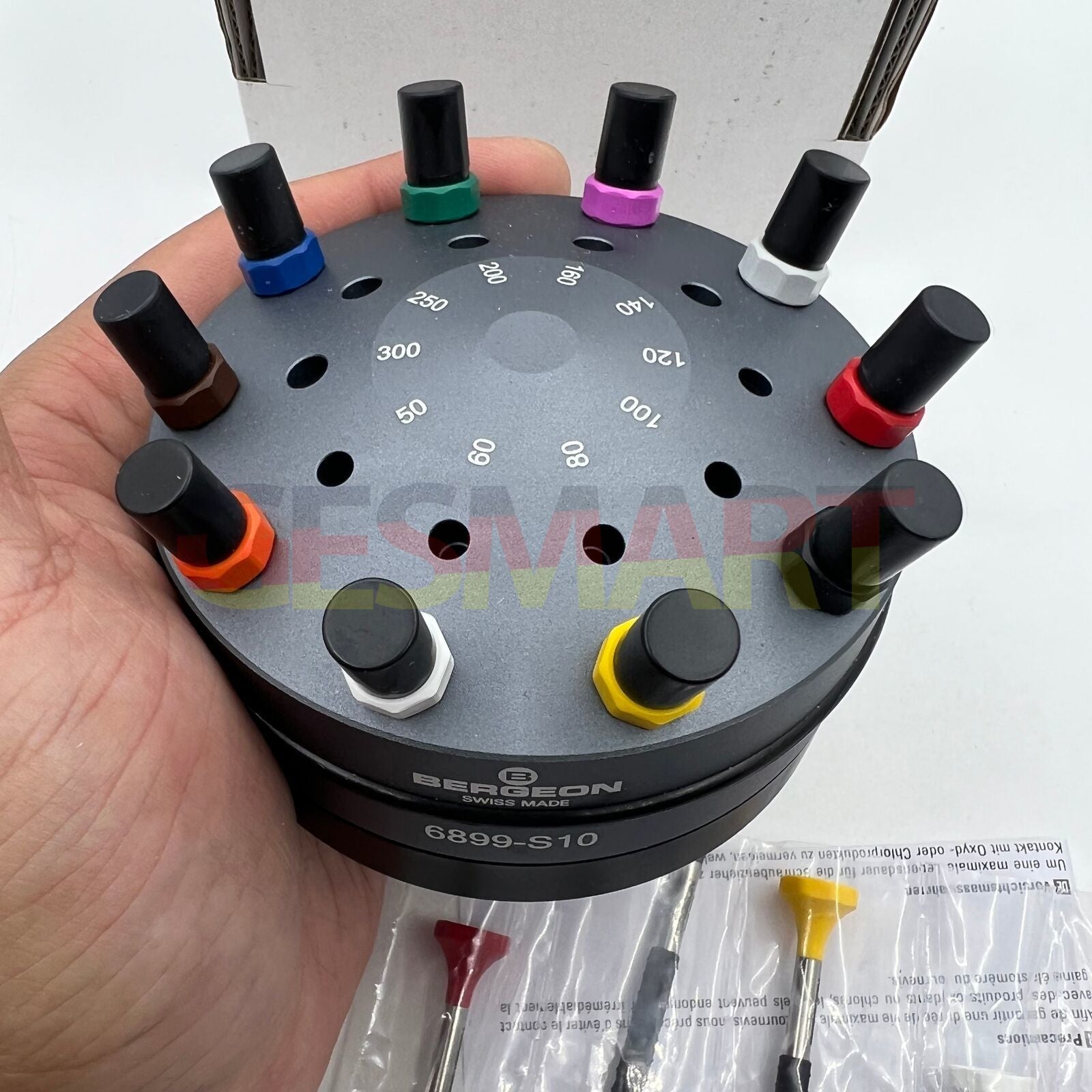 Bergeon 6899-S10 stainless steel watch repair screwdrivers set with ergonomic elastomer handles.