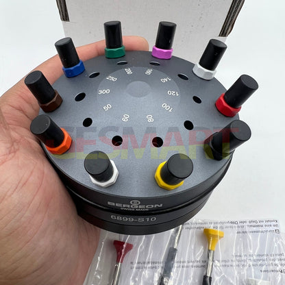 Bergeon 6899-S10 stainless steel watch repair screwdrivers set with ergonomic elastomer handles.