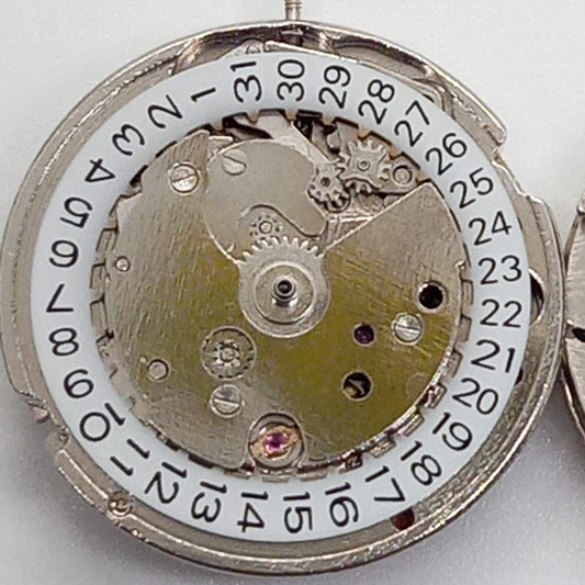 Dandong 7120 silver watch showcasing mechanical movement with three hands and calendar date at 3 o'clock.