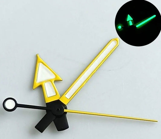 Green lume arrow-shaped watch hands with yellow trim for NH35 NH36 7S26 NH70 NH72 movements.