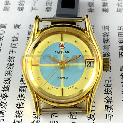 Elegant 26mm TAISHAN lady watch with golden case, manual mechanical movement, 19 jewels, and single calendar display.