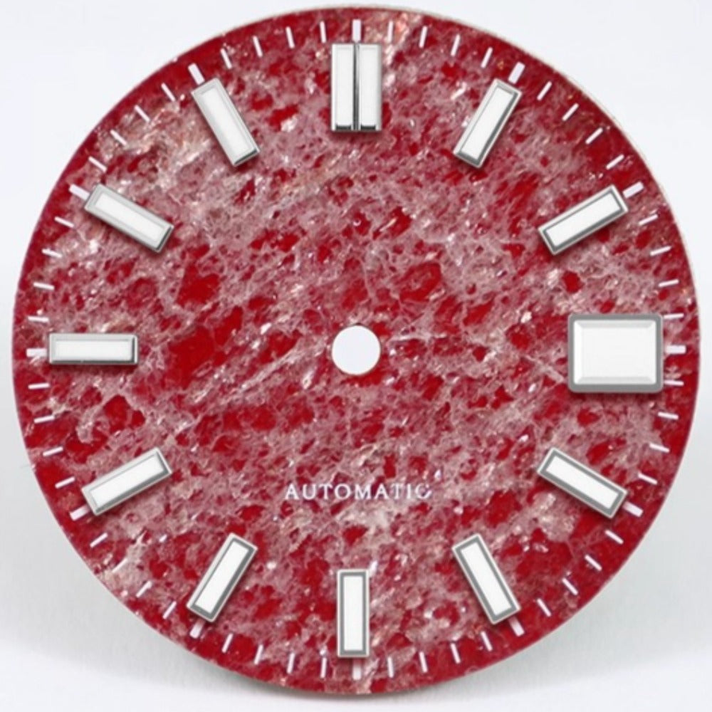 Red Mica Jade 28.5mm luminous watch dial for NH35 movement, enhancing timepiece design and readability.