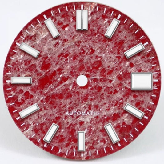 Red Mica Jade 28.5mm luminous watch dial for NH35 movement, enhancing timepiece design and readability.