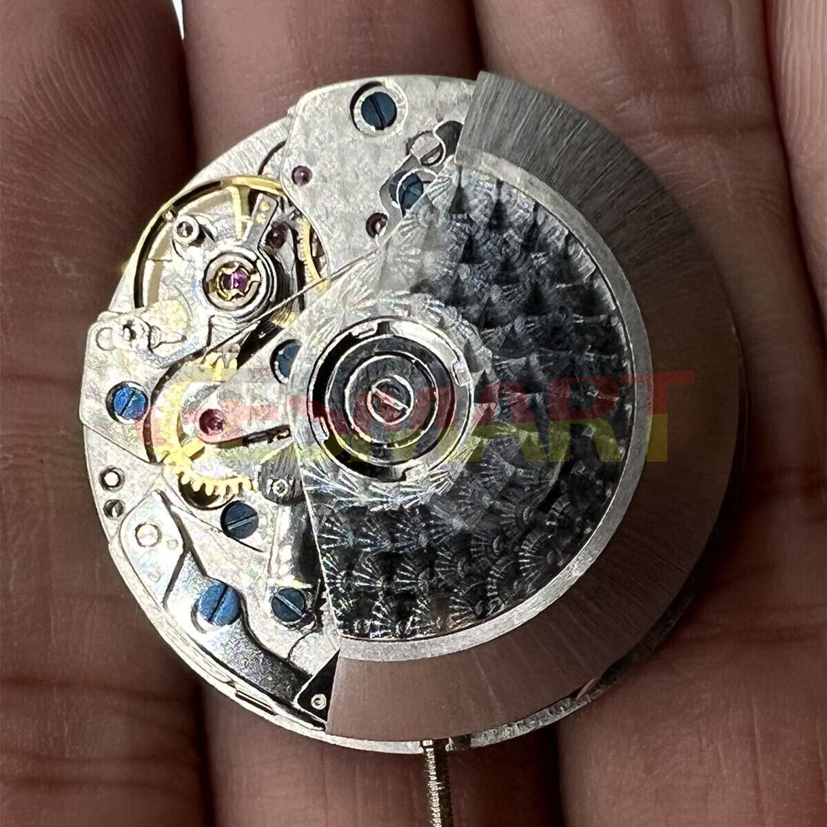 Black Dandong 7753 automatic watch movement with small second at 9, precision mechanical by China Made.