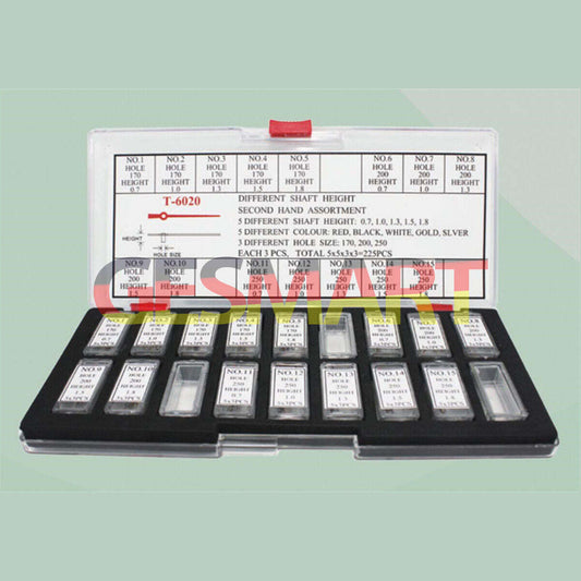 225pcs watch second hand assortment with varied shaft heights for precise repairs, ideal for watchmakers.