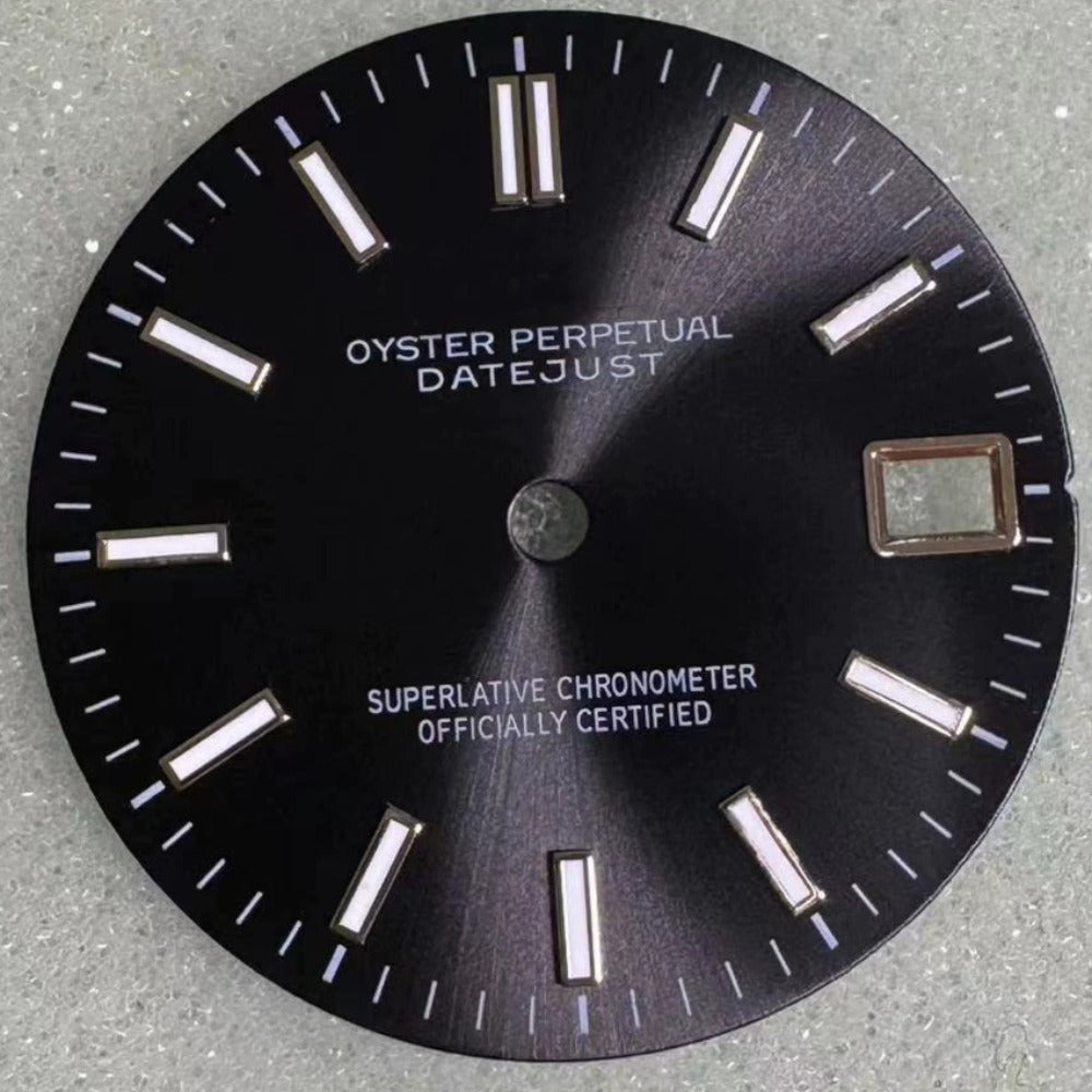 Silver trim Datejust watch dial with green lume on black background, compatible with NH35 movement, brand precision finish.