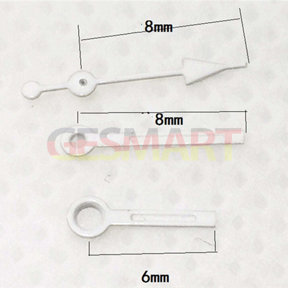 Set of 8mm white trim green lume watch hands designed for Miyota 7T35 quartz movement, enhancing visibility.