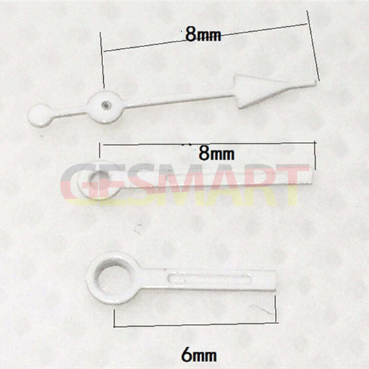 Set of 8mm white trim green lume watch hands designed for Miyota 7T35 quartz movement, enhancing visibility.