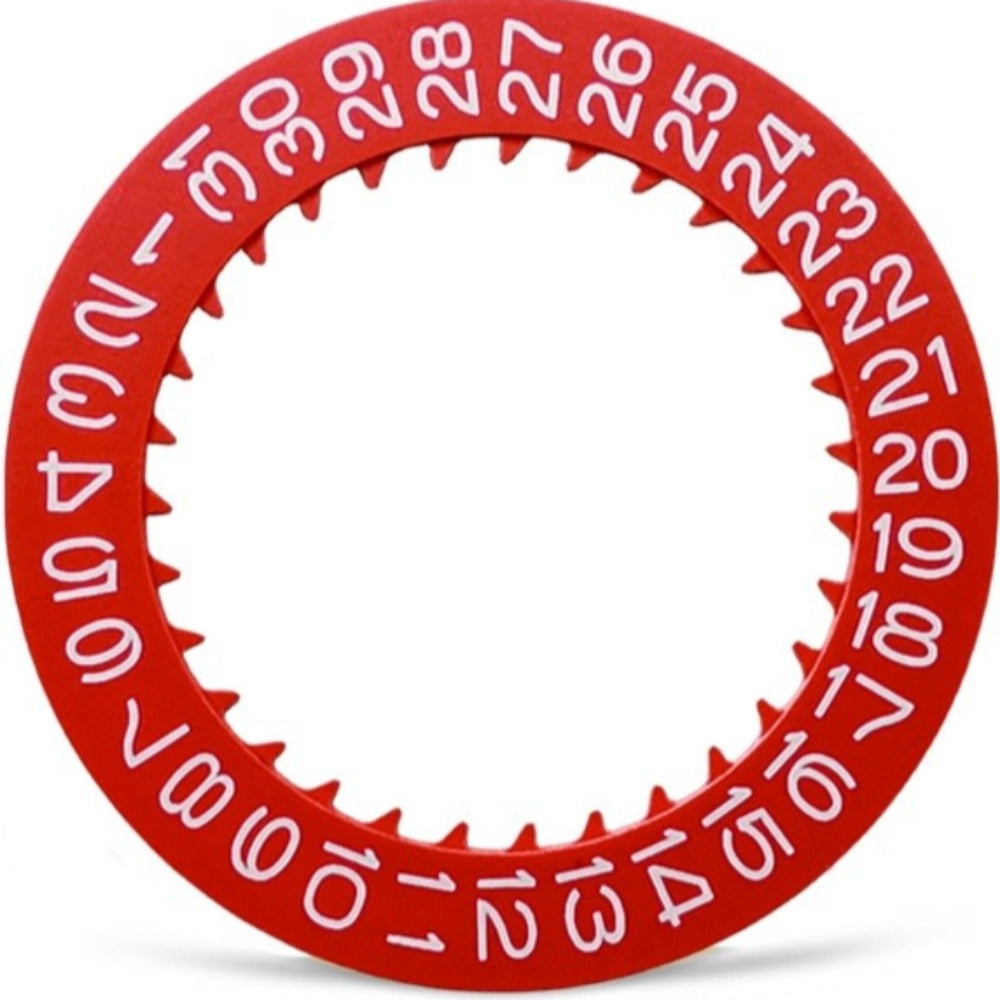 White font red date disk wheel for NH35 NH36 watch movement, showing date at 3 o'clock position, Seiko compatible.