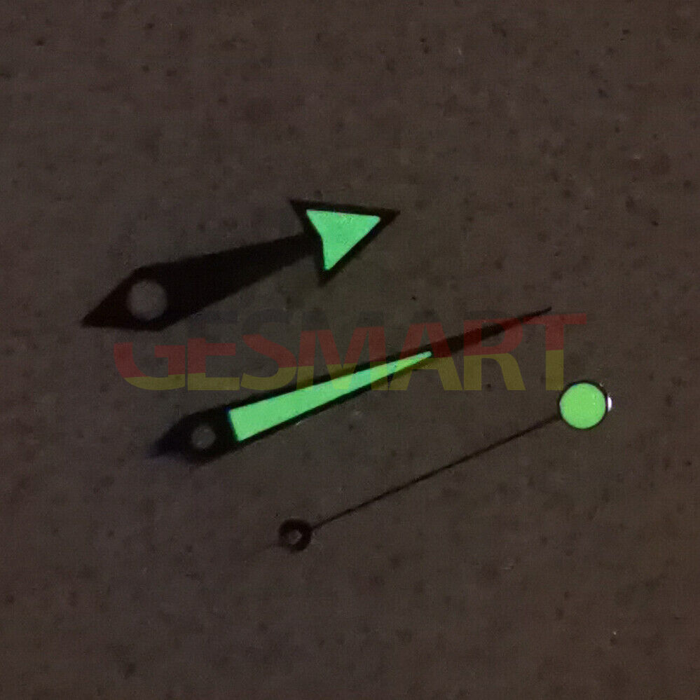 Green luminous watch hands with silver trim and orange accents for NH35, NH36, 4R, and 7S movements.