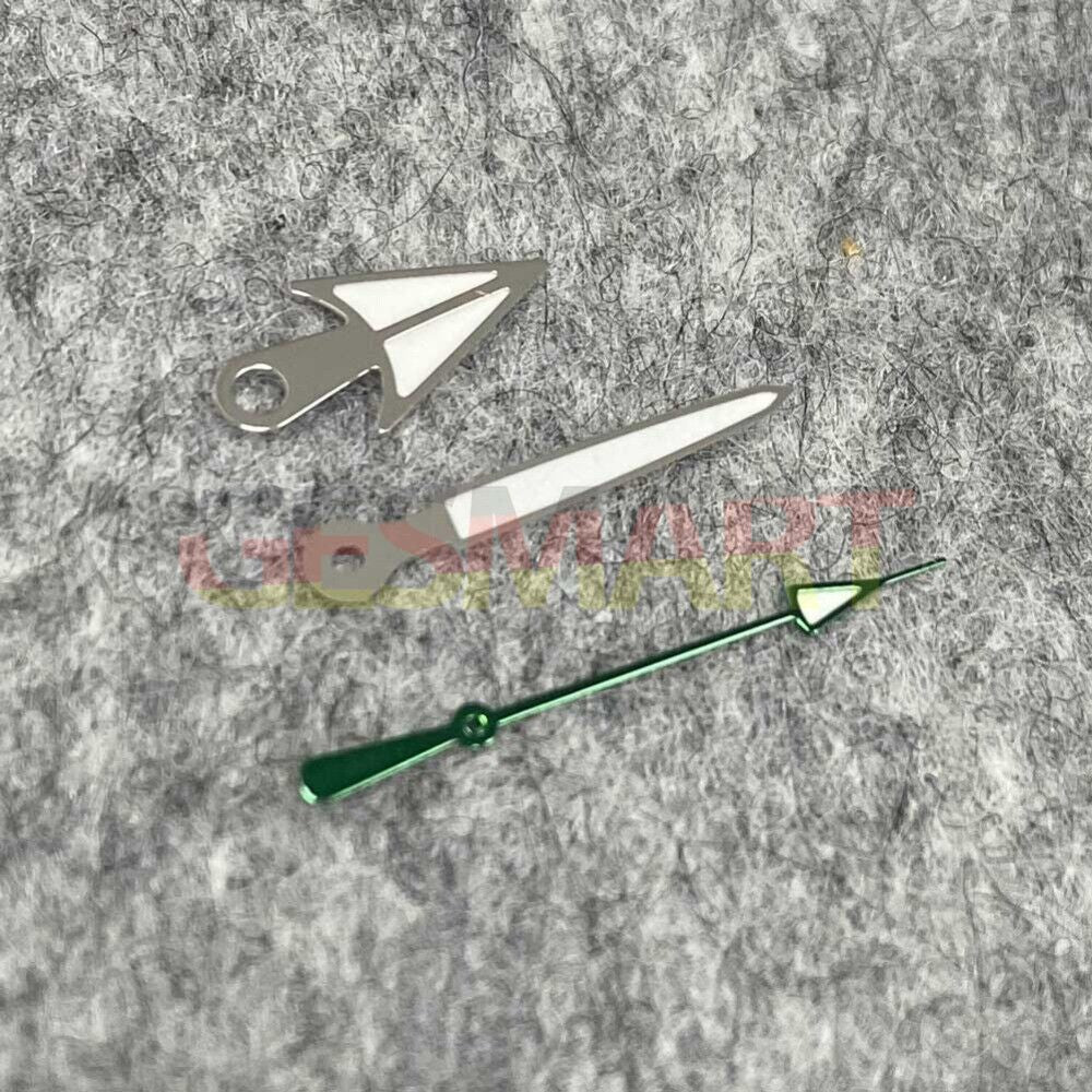 Green luminous watch hands with black, silver, and golden trim for NH35/NH36 movement, enhancing readability and style by BrandName.